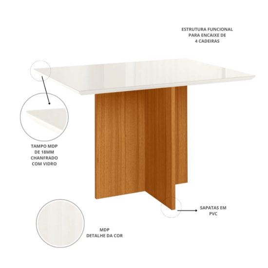 Mesa Helo 120�90 Vidro Off/Base Mel Poliman + 4 Cadeiras G�nova Veludo Bege 512 Madeira Art Assento - Entregue Montada