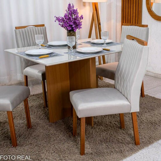 Mesa Helo 120�90 Vidro Off/Base Mel Poliman + 4 Cadeiras G�nova Veludo Bege 512 Madeira Art Assento - Entregue Montada