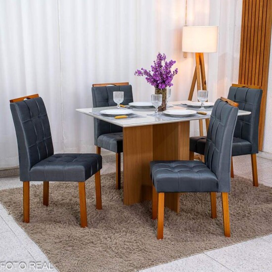 Mesa Helo 120�90 Vidro Off/Base Mel Poliman + 4 Cadeiras Londres Veludo Chumbo Madeira Minas Plac - Entregue Montada