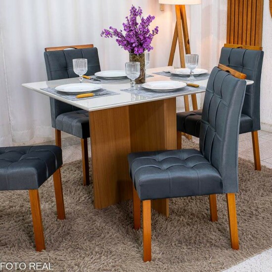 Mesa Helo 120�90 Vidro Off/Base Mel Poliman + 4 Cadeiras Londres Veludo Chumbo Madeira Minas Plac - Entregue Montada