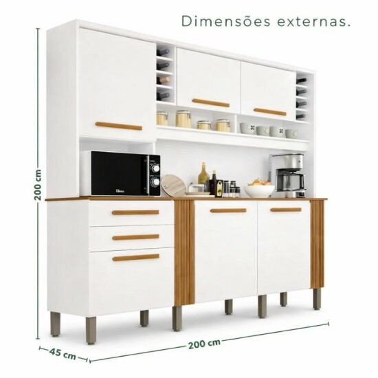 Arm�rio Cozinha Catar Branco/Cinamomo 6 Portas 2 Gavetas Larg. 2.00m - Sall�to