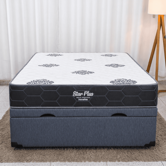 Colch�o Casal Molas Ensacadas Pocket Star Plus Inovaflex + Base Box Casal Ba� Prime Confort Linh�o Petr�leo Blindado Issacar - 138x188x70