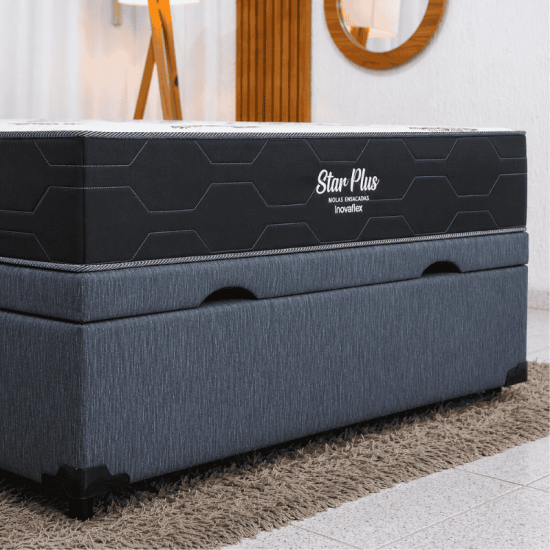 Colch�o Casal Molas Ensacadas Pocket Star Plus Inovaflex + Base Box Casal Ba� Prime Confort Linh�o Petr�leo Blindado Issacar - 138x188x70