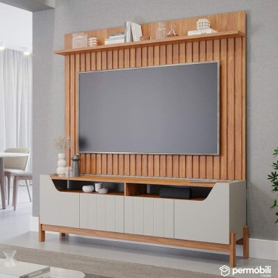 Bancada Moema Off/Cinamomo + Painel Trend Cinamomo Ripado 100% MDF - Permbili