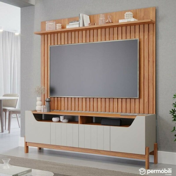 Bancada Moema Larg. 1.85m Off/Cinamomo + Painel Trend Ripado Larg. 1.80m Cinamomo 100% MDF - Permbili