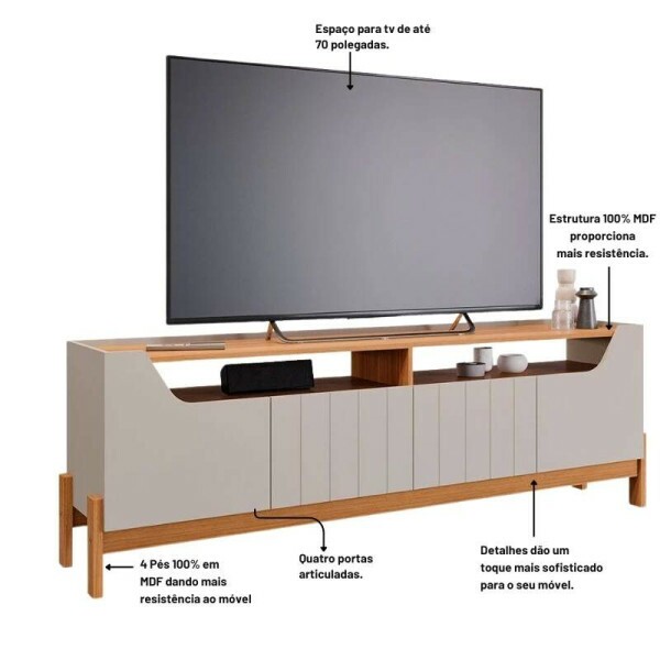Bancada Moema Larg. 1.85m Off/Cinamomo + Painel Trend Ripado Larg. 1.80m Cinamomo 100% MDF - Permbili