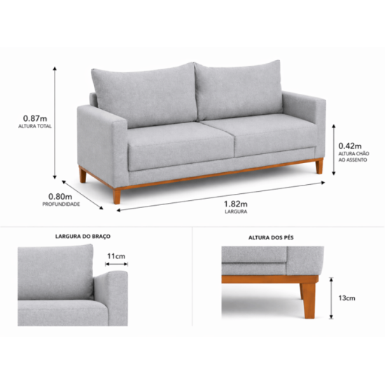 Sof� 3 lugares Fel�cia 1.82m Linho Cinza