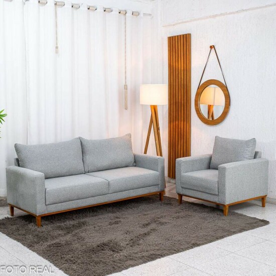 Sof� 3 lugares Fel�cia 1.82m Linho Cinza + Poltrona Runa Linho Cinza