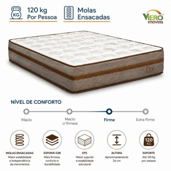 Colch�o Casal Molas Ensacadas Due Viero + Base Box Casal Ba� Prime Confort Linh�o Palha Blindado Issacar - 138x188x71