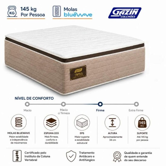 Colchão Casal Twins 138x188x34 Molas BlueWave - Gazin