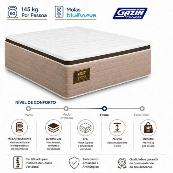 Colch�o Queen Molas Ensacadas BlueWave Twins Gazin 158x198x34 cm | Suporta at� 290kg