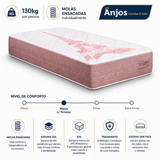 Colch�o Solteiro Eiffel Molas Ensacadas Rosa 88x188x26 - Anjos