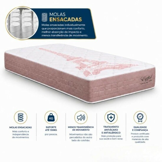 Colch�o Solteiro Molas Ensacadas Eiffel Anjos + Base Box Solteiro Korino Marrom Ortobel - 88x188x63 cm