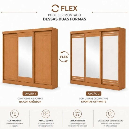 Guarda-roupa Nice Am�ndoa Clean/Off White C/Espelho 3 Portas 4 Gavetas Flex Larg. 2.70m - M�veis Lopas