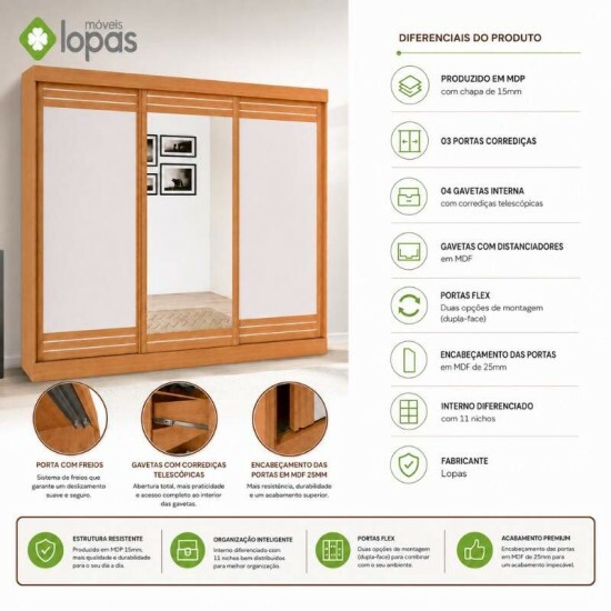 Guarda-roupa Nice Am�ndoa Clean/Off White C/Espelho 3 Portas 4 Gavetas Flex Larg. 2.70m - M�veis Lopas