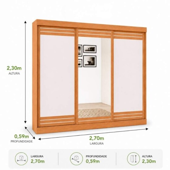 Guarda-roupa Nice Am�ndoa Clean/Off White C/Espelho 3 Portas 4 Gavetas Flex Larg. 2.70m - M�veis Lopas