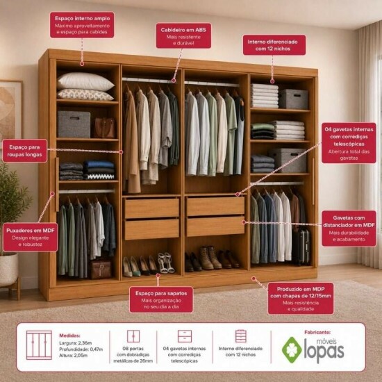 Guarda-roupa Andara Am�ndoa 8 Portas 4 Gavetas Larg. 2.36m - M�veis Lopas
