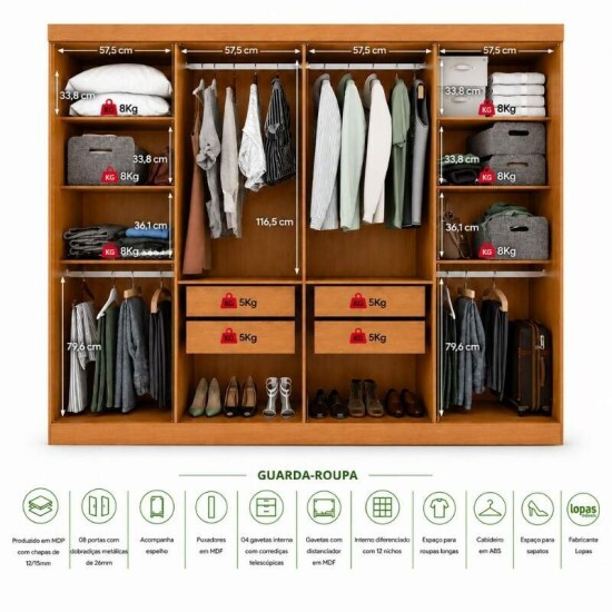 Guarda-roupa Andara Am�ndoa Clean C/Espelho 8 Portas 4 Gavetas Larg. 2.36m - Lopas