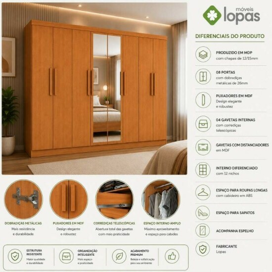 Guarda-roupa Andara Am�ndoa Clean C/Espelho 8 Portas 4 Gavetas Larg. 2.36m - Lopas