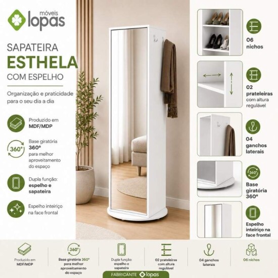 Sapateira Esthela Branco C/Base Girat�ria e Espelho Larg. 0.60m - M�veis Lopas