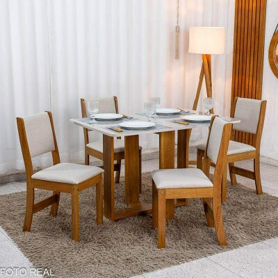 Mesa de Jantar Noor Mel 120�80 Tampo Off + 4 Cadeiras Sol Linho Bronze Bege - Viero