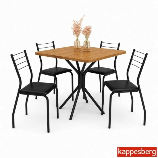 Conjunto Mesa Creta tampo Quadrado 90x90 Canela de Madeira + Base Creta Preto fosco + 4 Cad. Malta Preto Fosco Assento Courino Preto - Kappesberg