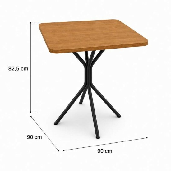 Conjunto Mesa Creta tampo Quadrado 90x90 Canela de Madeira + Base Creta Preto fosco + 4 Cad. Malta Preto Fosco Assento Courino Preto - Kappesberg