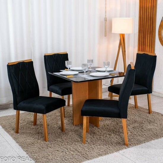 Mesa Moscou 90x90 Vidro Preto/Base Cinamomo Minas Plac + 4 Cadeiras Lisboa Veludo Preto 504 Madeira Art Assento - Entregue Montada