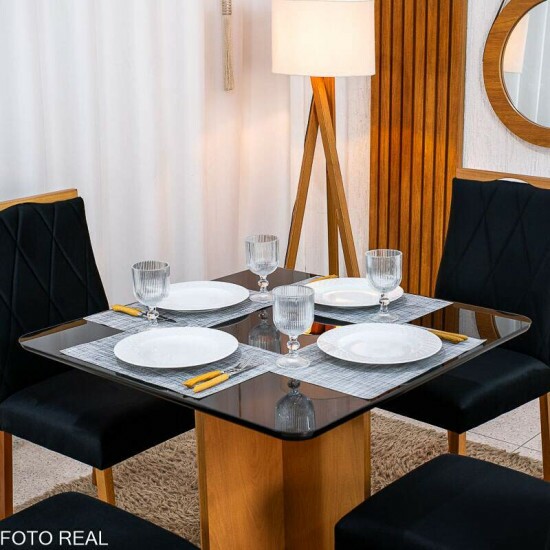 Mesa Moscou 90x90 Vidro Preto/Base Cinamomo Minas Plac + 4 Cadeiras Lisboa Veludo Preto 504 Madeira Art Assento - Entregue Montada