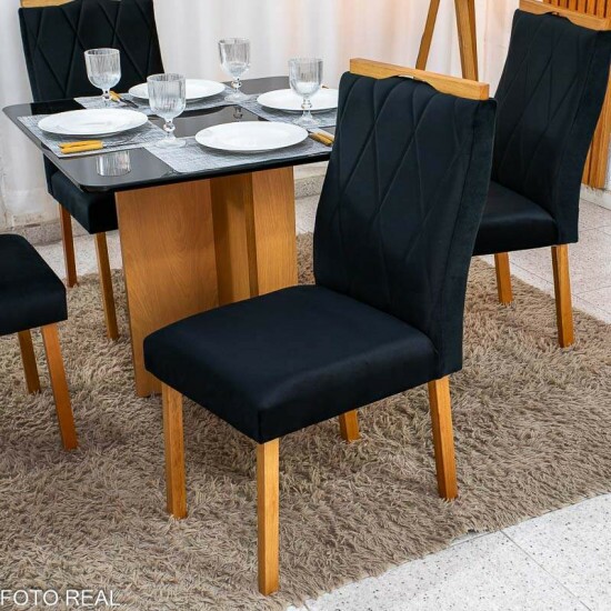 Mesa Moscou 90x90 Vidro Preto/Base Cinamomo Minas Plac + 4 Cadeiras Lisboa Veludo Preto 504 Madeira Art Assento - Entregue Montada