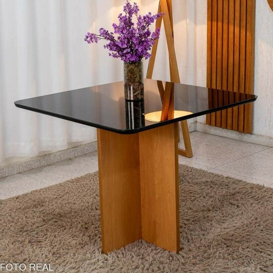 Mesa Moscou 90x90 Vidro Preto/Base Cinamomo Minas Plac + 4 Cadeiras Lisboa Veludo Preto 504 Madeira Art Assento - Entregue Montada