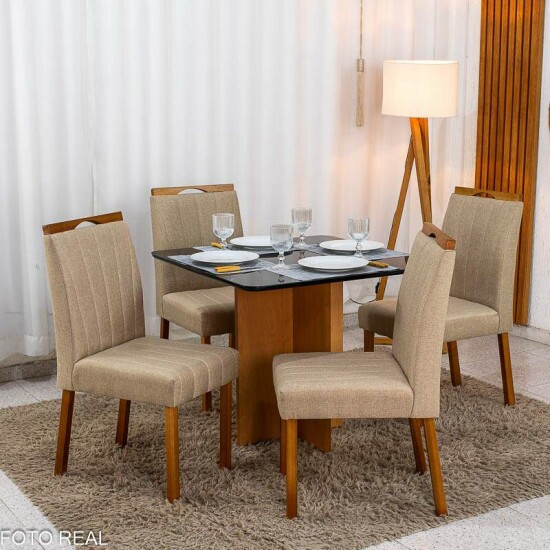 Mesa Moscou 90x90 Vidro Preto/Base Cinamomo Minas Plac + 4 Cadeiras Isabela Linho Bege 01 Madeira KM Decor - Entregue Montada