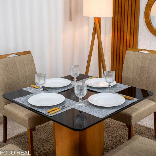 Mesa Moscou 90x90 Vidro Preto/Base Cinamomo Minas Plac + 4 Cadeiras Isabela Linho Bege 01 Madeira KM Decor - Entregue Montada