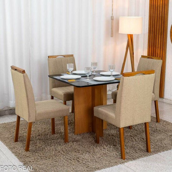 Mesa Moscou 90x90 Vidro Preto/Base Cinamomo Minas Plac + 4 Cadeiras Isabela Linho Bege 01 Madeira KM Decor - Entregue Montada