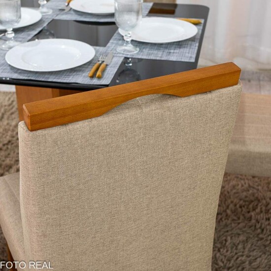 Mesa Moscou 90x90 Vidro Preto/Base Cinamomo Minas Plac + 4 Cadeiras Isabela Linho Bege 01 Madeira KM Decor - Entregue Montada