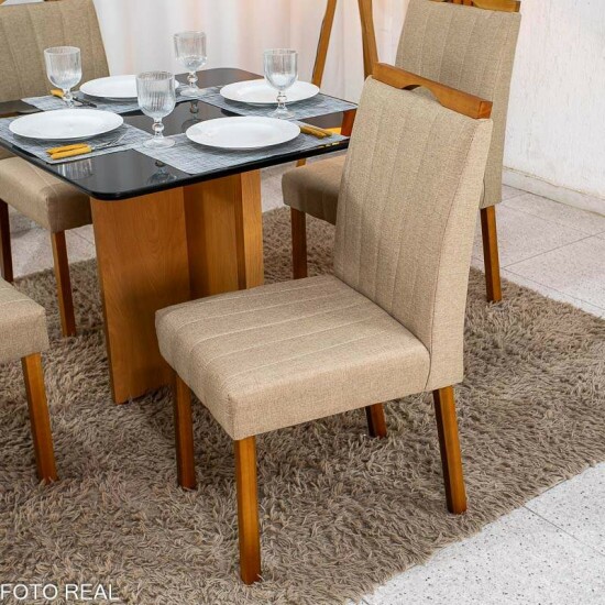 Mesa Moscou 90x90 Vidro Preto/Base Cinamomo Minas Plac + 4 Cadeiras Isabela Linho Bege 01 Madeira KM Decor - Entregue Montada