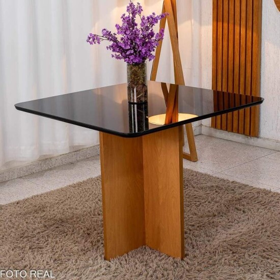 Mesa Moscou 90x90 Vidro Preto/Base Cinamomo Minas Plac + 4 Cadeiras Isabela Linho Bege 01 Madeira KM Decor - Entregue Montada