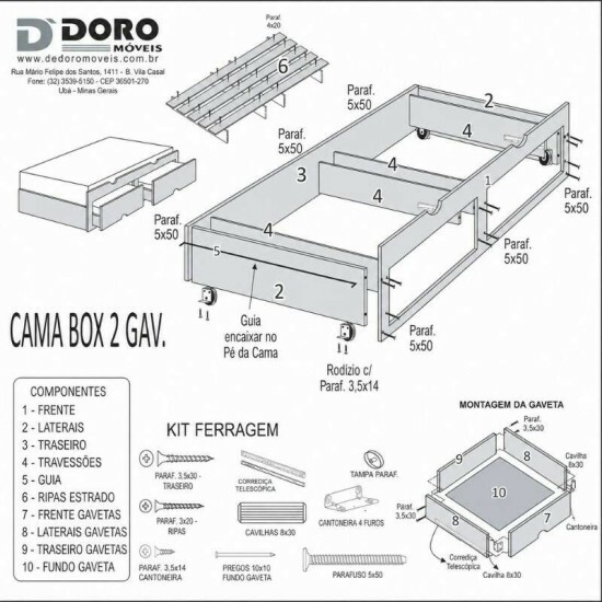 Cama Solteiro Mil�nio + Cama Auxiliar Solteiro 2 Gavetas Castanho - D Doro