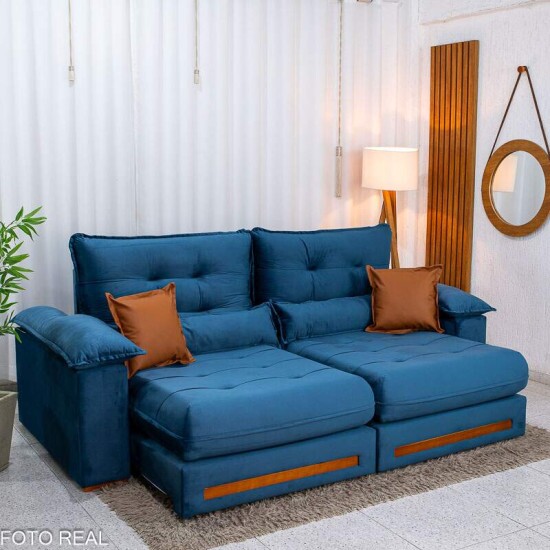 Sof� Retr�til Reclin�vel Imperial 2.50m Veludo Azul 03 - D33 e Molas Ensacadas