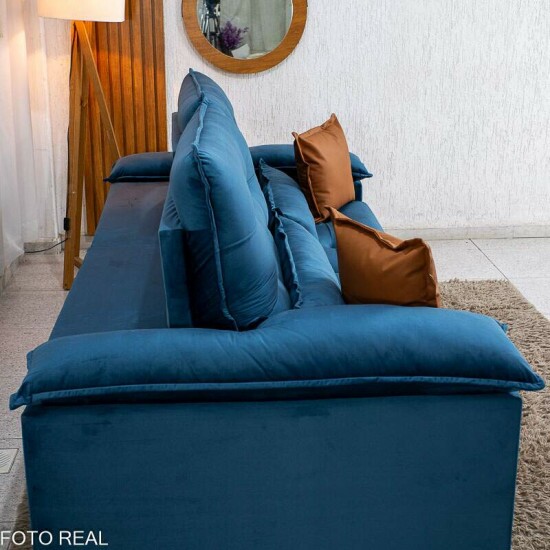 Sof� Retr�til Reclin�vel Imperial 2.50m Veludo Azul 03 - D33 e Molas Ensacadas