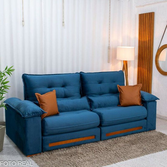 Sof� Retr�til Reclin�vel Imperial 2.50m Veludo Azul 03 - D33 e Molas Ensacadas