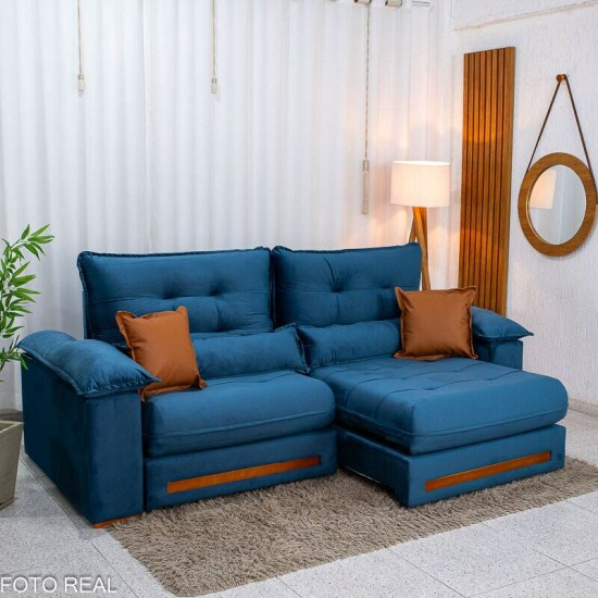 Sof� Retr�til Reclin�vel Imperial 2.50m Veludo Azul 03 - D33 e Molas Ensacadas