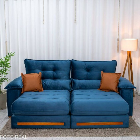 Sof� Retr�til Reclin�vel Imperial 2.50m Veludo Azul 03 - D33 e Molas Ensacadas