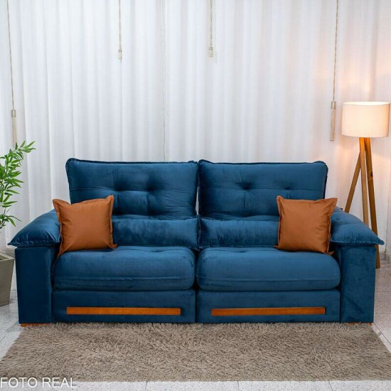 Sof� Retr�til Reclin�vel Imperial 2.50m Veludo Azul 03 - D33 e Molas Ensacadas