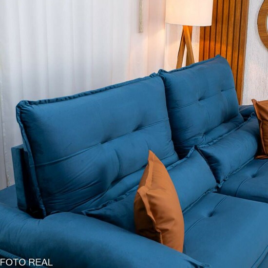 Sof� Retr�til Reclin�vel Imperial 2.50m Veludo Azul 03 - D33 e Molas Ensacadas