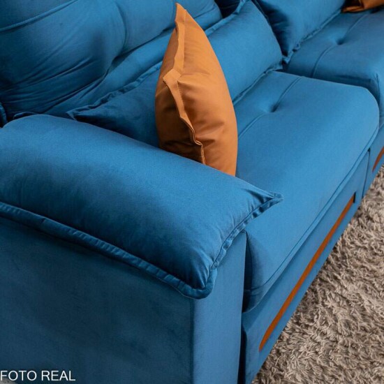 Sof� Retr�til Reclin�vel Imperial 2.50m Veludo Azul 03 - D33 e Molas Ensacadas