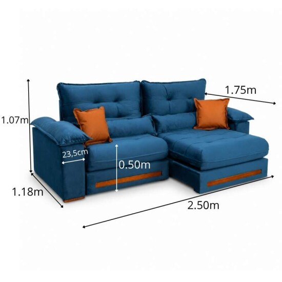 Sof� Retr�til Reclin�vel Imperial 2.50m Veludo Azul 03 - D33 e Molas Ensacadas