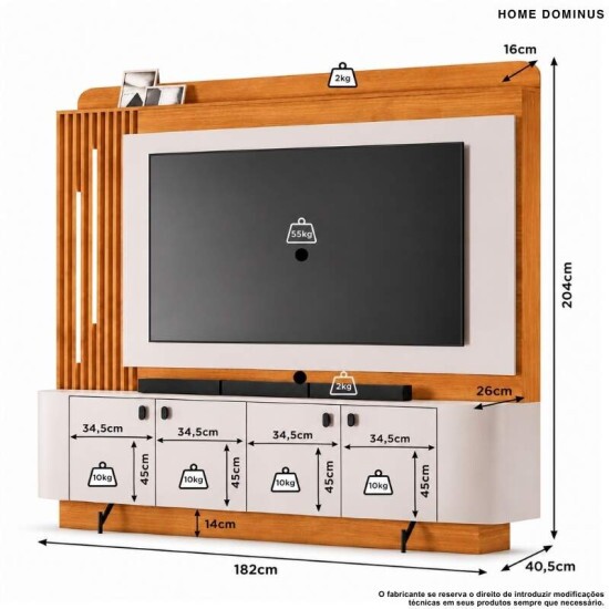 Home 1,82m Dominus Candian Cinamomo/Off White com Detalhe Ripado e LED para TV at� 65\" - JCM