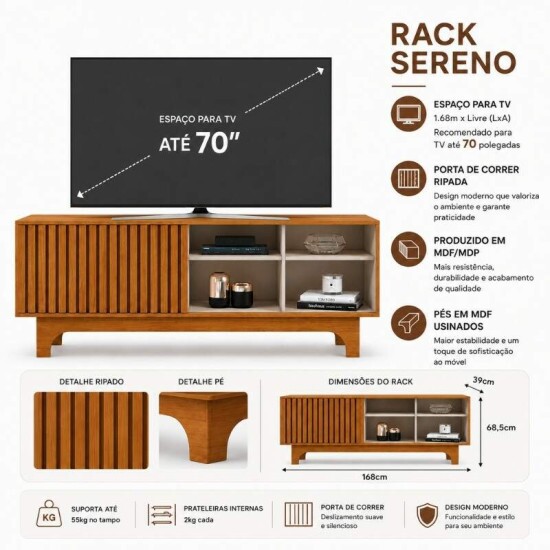 Rack Sereno 1.68m Cinamomo/Off C/Porta Ripada para TV at� 70\\\" - JCM