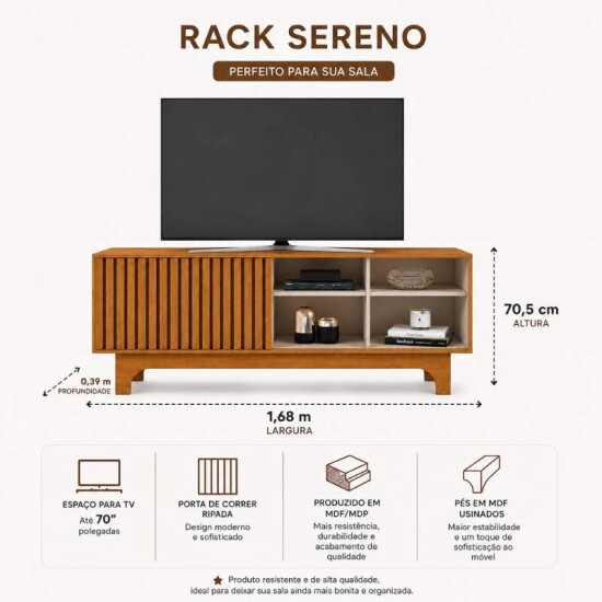 Rack Sereno 1.68m Cinamomo/Off C/Porta Ripada para TV at� 70\\\" - JCM